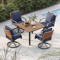 Grand patio 5-Piece Outdoor Dining Set, 4 Leather-Look Wicker Swivel Blue Patio Chairs & 1 Square Woodgrain Dining Table, Brown