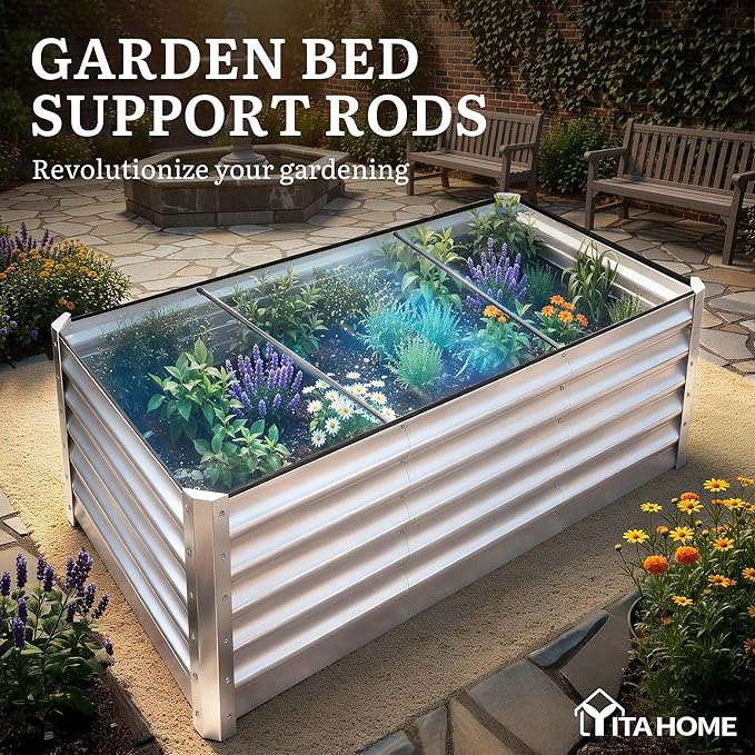 YITAHOME 8x4x3ft Large Raised Garden Bed Kit, Galvanized Metal Planter Box with Gloves, Support Rod & Safety Rubber, Outdoor Above Ground Planters for Plants Vegetables Flowers, Silver