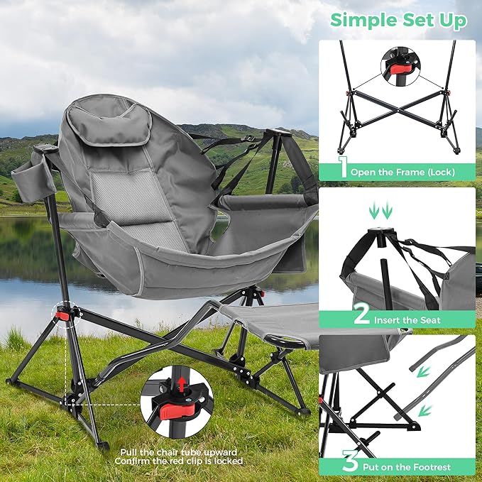 Ainfox Hammock Camping Chair with Footrest, Foldable Portable Rocking Chairs for Adults Outside Swinging Camp with Cup Holder Pillow for Outdoor Patio Poolside (Light Grey)