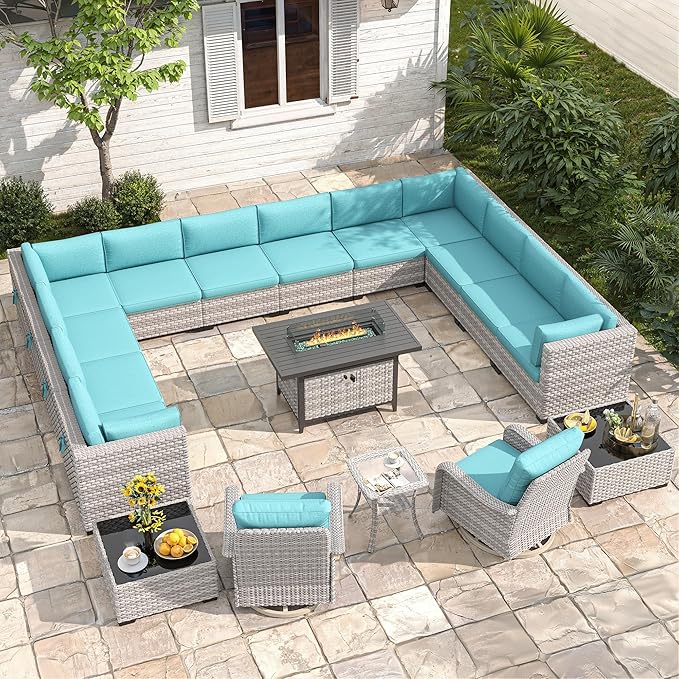 14-Seat Outdoor Wicker Patio Furniture Set with Fire Pit Table, Modular Rattan Sectional Sofa & 2 Swivel Rocking Chairs, 4" Thick Cushions, Rust-Resistant Frame,Blue