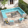 14-Seat Outdoor Wicker Patio Furniture Set with Fire Pit Table, Modular Rattan Sectional Sofa & 2 Swivel Rocking Chairs, 4" Thick Cushions, Rust-Resistant Frame,Blue