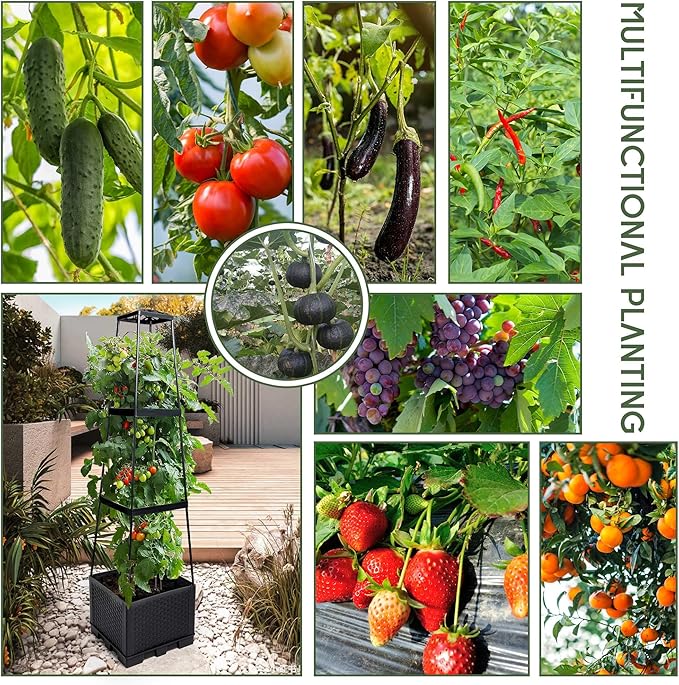 GENMOUS 3 Tiered Tomato Planter with Trellis for Small Climbing Vegetables Plants, 45” Raised Garden Bed Planter Box Tomato Cage Tomato Planters for Patio Indoor Outdoor Vegetables Growing Plants