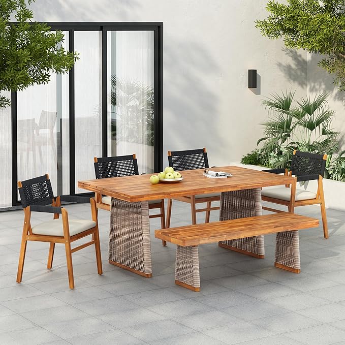 Christopher Knight Home Pasco Acacia Wood Outdoor Dining Table Set for 6, Wicker Patio Dining Set with Acacia Wood Table and Bench, Patio Table and Chair Set with Cushion+Rope Back, Black+Teak+Brown