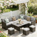 Wisteria Lane 7 Piece Patio Furniture Set, High Curved Back Wicker Patio Sectional, All Weather Outdoor Dining Set, Outdoor Furniture Patio Conversation Set with Ottoman, Grey
