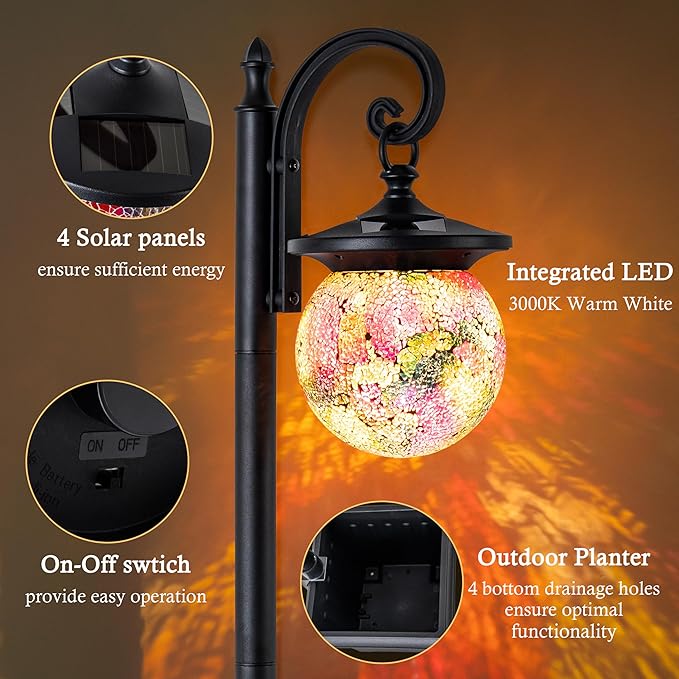 Solar Lamp Post Light with Planter, Matte Black Outdoor Flower Pots with Mosaic Glass, 2 in 1 Waterproof Solar Outdoor Lights for Porch Front Door Patio