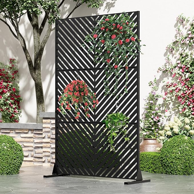 Casaphoria Metal Privacy Screen Outdoor, 72" H x 47" W Freestanding Decorative Privacy Screen for Patio Deck Balcony Garden with Stable Base, Black Parallel