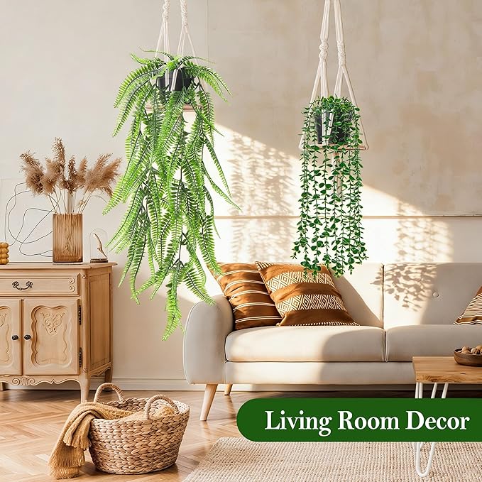Der Rose 8Pcs Fake Plants Hanging Artificial Ivy Vine Faux Eucalyptus Hanging Plants for Home Boho Wall Shelf Indoor Outdoor Decor (Black Pots)
