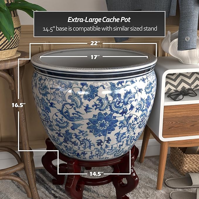 Red Lantern Large 22" Porcelain Fishbowl Blue & White Floral Planter