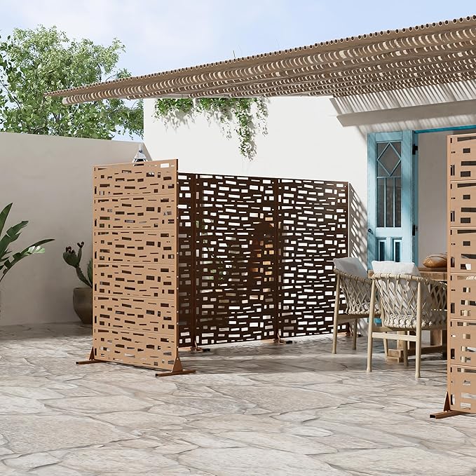 Casaphoria Metal Privacy Screen Outdoor, 72" H x 47" W Freestanding Decorative Privacy Screen for Patio Deck Balcony Garden with Stable Base, Brown-Gerald