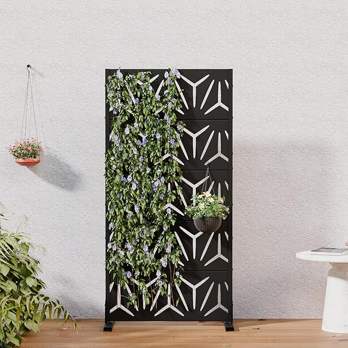 Casaphoria Metal Privacy Screen Outdoor, 60" H x 30" W Freestanding Decorative Privacy Screen for Patio Deck Balcony Garden with Stable Base, Black-Star