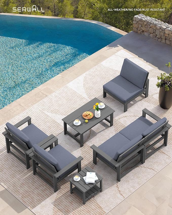 SERWALL HDPE Patio Conversation Set, 6-piece Sectional Outdoor Furniture Set, All Weather Outdoor Couch Set Patio Furniture Set for Deck, Lawn, Grey Frame with Grey Cushion