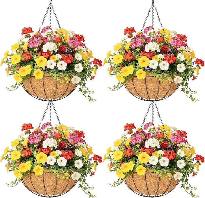 4 Pack 16 Inch Hanging Planters Outdoor Metal Hanging Flower Baskets with Coco Fiber Liners Chain Round Wire Plant Holder Hanging Flower Pots (Watermelon)