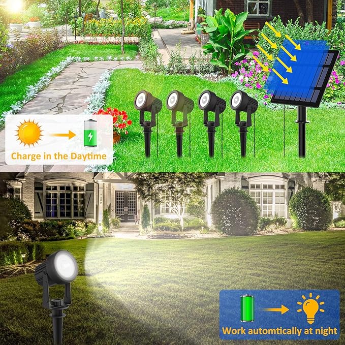 T-SUNUS Christmas Solar Garden Spotlight White Outdoor, 4-in-1 Spot Lights 6000K IP65 Waterproof 9.8ft Cable 5W Separated Panel, Auto On/Off Spotlights for Tree Yard Driveway Pathway Pond Halloween
