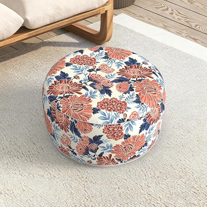LVTXIII Indoor/Outdoor Extra Large Inflatable Ottoman Pouf D31 x H14 Inch, Round Footstool with Handle, Weather-Resistant Portable Furniture for Patio, Camping, Beach, Vibrant Blossom