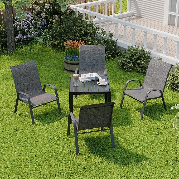 Patio Chairs Set of 4, Stackable Outdoor Dining Chairs for All Weather, Metal Modern Outside Furniture Chair for Pool Side, Garden, Backyard Deck, Dark Grey
