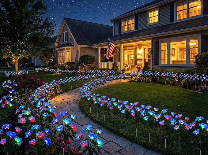 Solar Garden Rose Lights by FANCYPOP, 2 Pack Most Realistic 12 LED Flower Stake Lights, IP65 Waterproof 7 Color Changing Solar Decor for Walkway/Graveyard, Heartwarming Gifts for Grandma & Mom, Blue