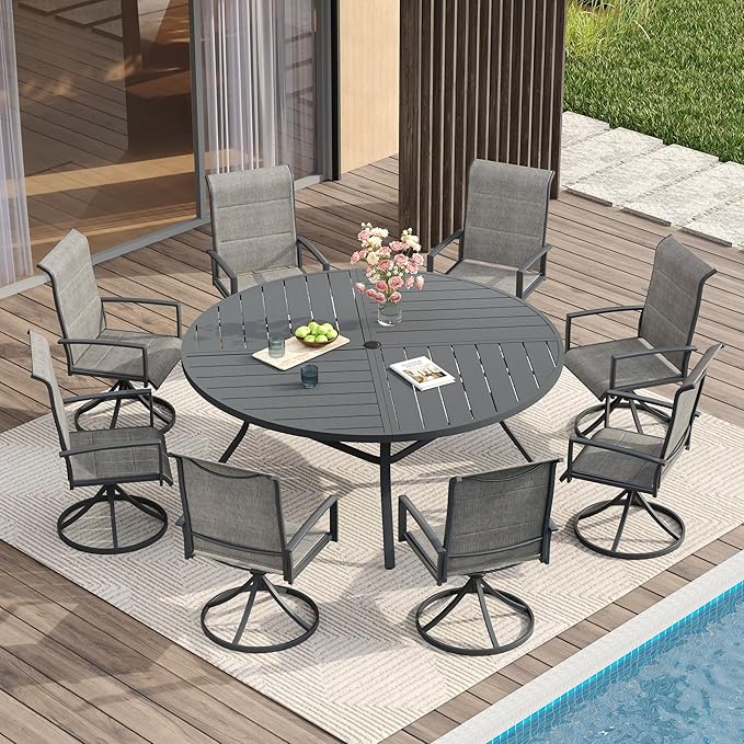 VICLLAX Round Patio Table with Adjustable Umbrella Hole for 8, All Weather Metal Outdoor Dining Table for Lawn Garden, 59.8" Outdoor Coffee Table, Grey Tabletop