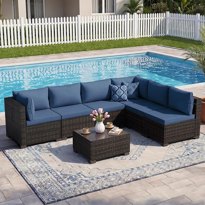 LEVELEVE 7 Pieces Outdoor Patio Furniture Sets,Rattan Conversation Sectional Set,Manual Weaving Wicker Patio Sofa with Tea Table