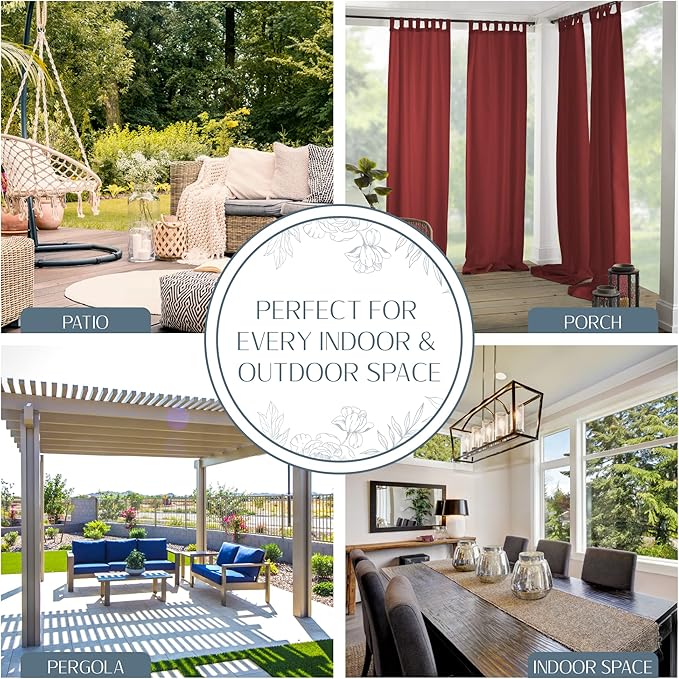 Elrene Home Fashions Matine Weatherproof Tab-Top Indoor/Outdoor Solid Color Curtain Panel for Porch, Pergola, Patio, Deck, 52”W x 84”L, Red