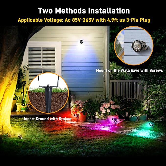 12W RGBW Color Changing Landscape Spotlights, 110V Plug-in Outdoor LED Spot Lights with Remote Control, IP65 Waterproof Garden Tree Lights for Yard Pathway Halloween Christmas Decoration (6 Pack)