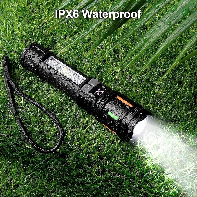Rechargeable Flashlight High Lumens 900,000L, Super Bright LED Handheld Flashlights, 5 Modes Powerful Tactical Flash Light with Cob Side Light, USB C, Waterproof for Home, Emergency