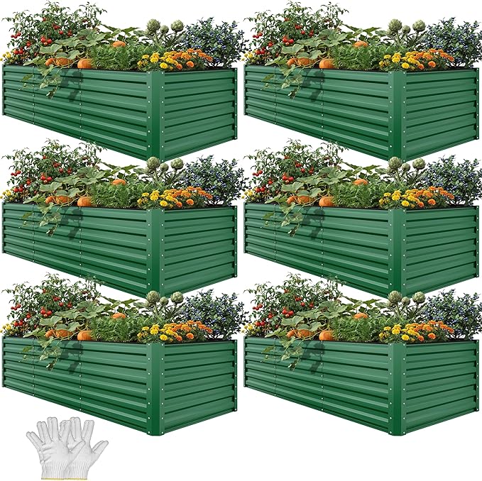 YITAHOME 6pcs 8x4x2 ft Galvanized Raised Garden Bed Kit, Large Metal Planter Box with Gloves, Safety Rubber & Support Rod, Outdoor Flower Bed for Plants Vegetables, Green