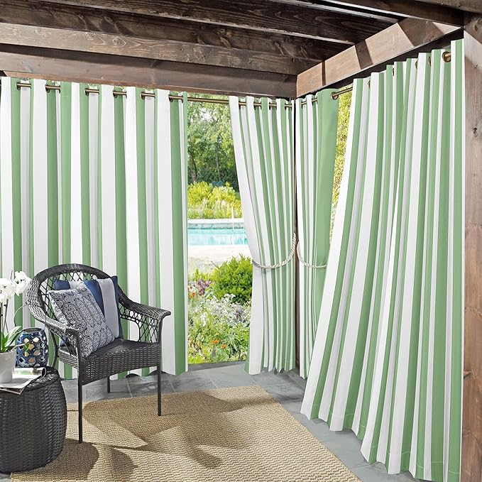 Sun Zero Valencia 2-Pack Cabana Stripe Indoor/Outdoor UV Protectant Energy Efficient Grommet Curtain Panel Pair, Spa Green, 54" x 108