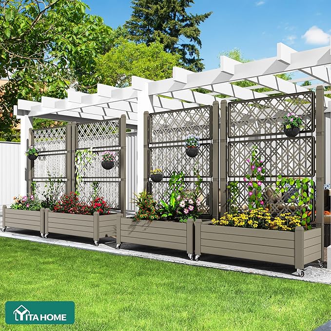 YITAHOME 43.3x17.7x61 in Planter Trellis Box with Wheels & Drain Plug, Outdoor Resin Raised Garden Bed for Climbing Plants, Large Weather-Resistant Design, Light Brown