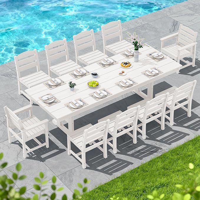 SERWALL 11 Piece Outdoor Dining Set, 84" HDPE Outdoor Table and Chairs for 10，All Weather Patio Furniture Set with Umbrella Hole for Backyard, Garden, White
