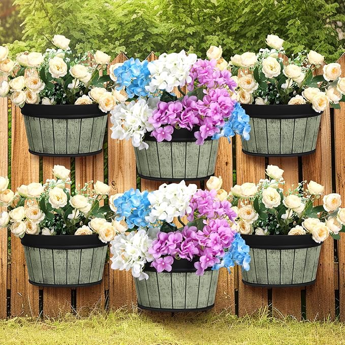 Layhit 6 Pcs Wall Hanging Planters Outdoor Pot Planter Wine Barrel Planter Distressed Oak Thickened Plastic Water Storage Flower Pots for Flower Indoor Outdoor(10 Inches,Grey Green, Brown, Black)