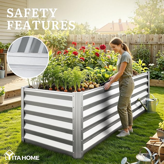 YITAHOME 6x3x3ft Large Raised Garden Bed Kit, Galvanized Metal Planter Box with Gloves, Support Rod, Outdoor Above Ground Planters for Plants Vegetables Flowers, Silver