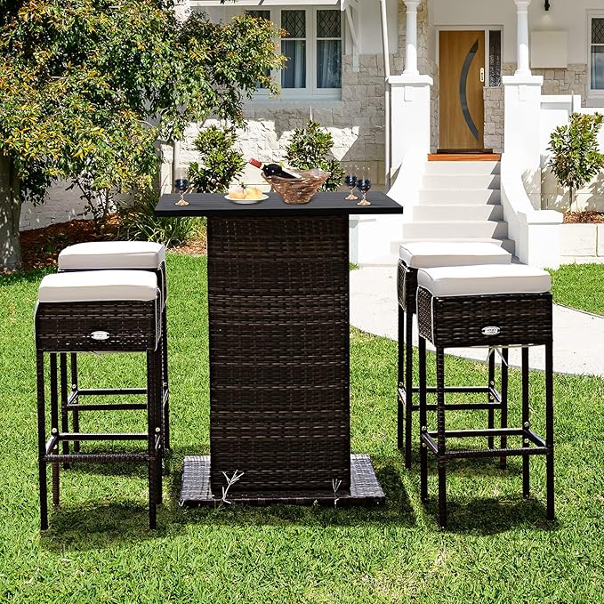 Tangkula 5 Piece Outdoor Rattan Bar Set, Patio Bar Furniture with 4 Cushions Stools and Smooth Top Table with Hidden Storage Shelf, Outdoor Conversation Set for Poolside, Backyard, Lawn