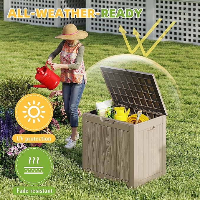 ROJIK Outdoor Storage Housing Deck Box - Waterproof Patio Furniture, Garden Tools, Cushions, Pool Accessories Storage Bench with Lockable Lid and Side Handles (Grey)