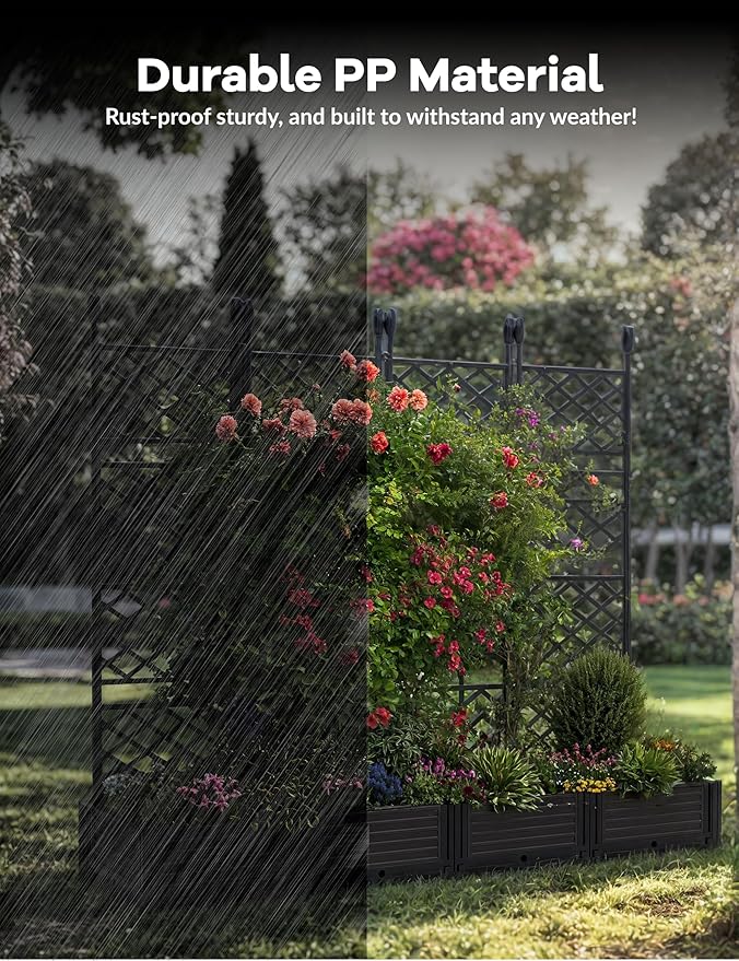4 PCS Raised Garden Bed with Trellis & Privacy Screen, 66"w x 63"Tall Vertical Garden Planter Box for Climbing Plants - Sturdy Lightweight Outdoor Planter for Vegetables, Flowers on Patio, Balcony