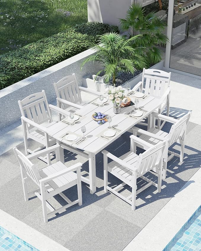Ciokea HDPE Outdoor Dining Table with Umbrella Hole,66" Rectangle Patio Table for 6,All-Weather Outdoor Patio Furniture Set for Garden Backyard,White