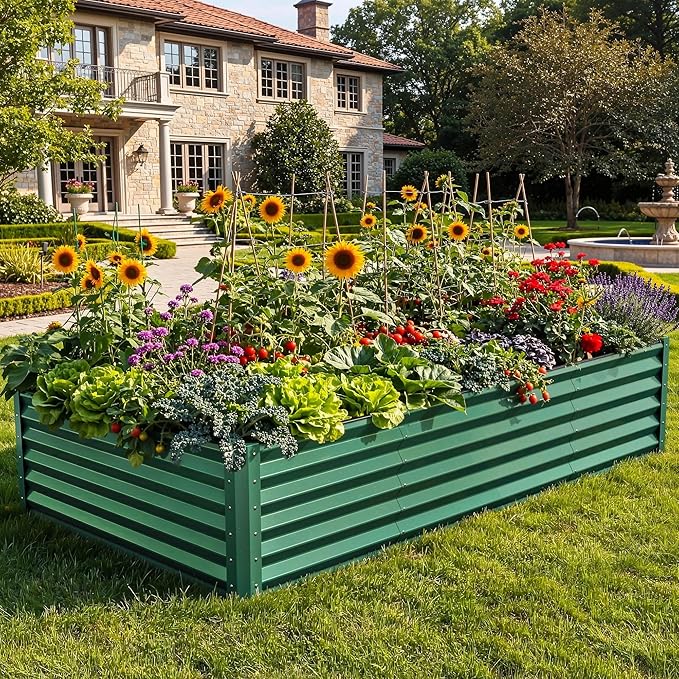 YITAHOME 8x4x1.5ft Large Raised Garden Bed Kit, Galvanized Metal Planter Box with Gloves, Ground Nails & Safety Rubber, Outdoor Above Ground Planters for Plants Vegetables Flowers, Green