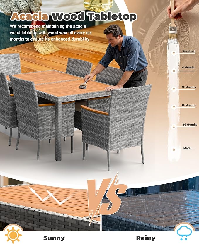 Flamaker 7 Piece Patio Dining Set Outdoor Acacia Wood Table and Chairs with Soft Cushions Wicker Patio Furniture for Deck, Backyard, Garden (Grey)
