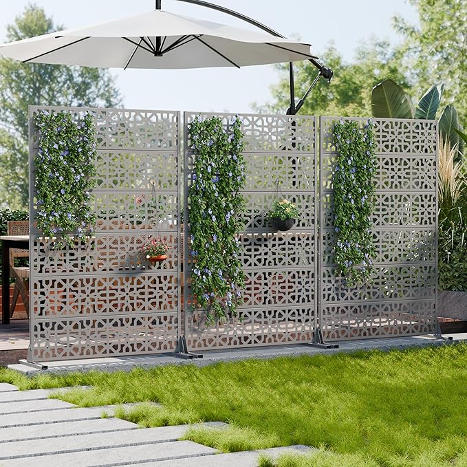 Casaphoria Metal Privacy Screen Outdoor, 72" H x 47" W Freestanding Decorative Privacy Screen for Patio Deck Balcony Garden with Stable Base, Grey-Perilla