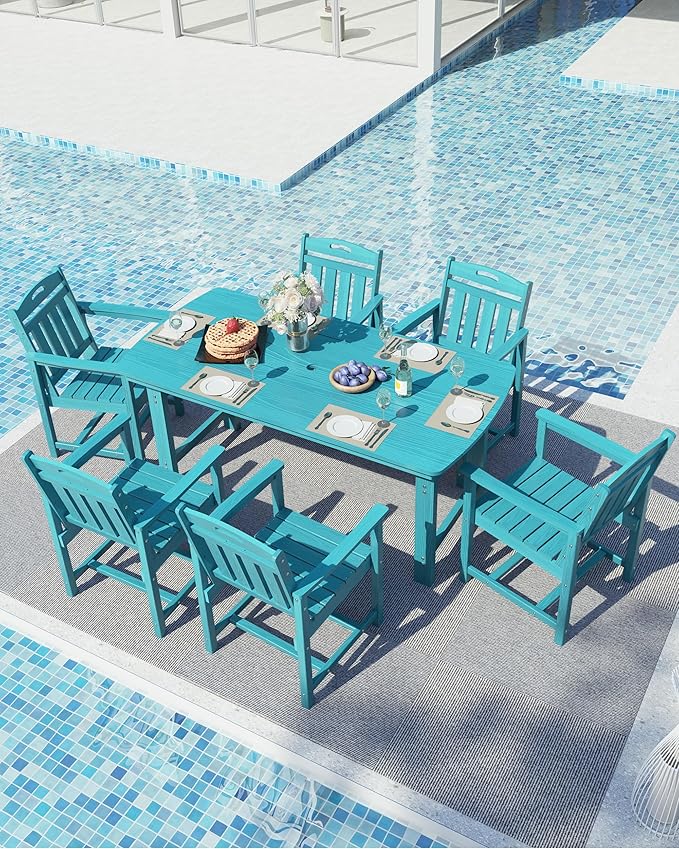 Ciokea HDPE Outdoor Dining Set, 7-Piece Patio Table and Chairs Set with Umbrella Hole, All-Weather Patio Dining Sets for 6, Durable Patio Furniture for Backyard, Garden, Lawn & Poolside, Lake Blue