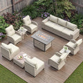 13-Piece Outdoor Patio Furniture Set with Rocking Swivel Chair, PE Wicker Rattan Sectional Sofa Patio Conversation Set with 55,000 BTU Fire Pit Table & Coffee Table, White