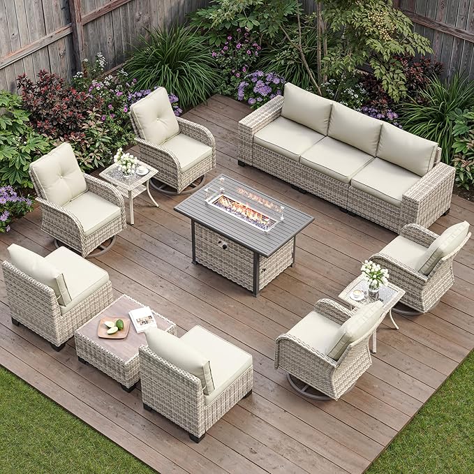 13-Piece Outdoor Patio Furniture Set with Rocking Swivel Chair, PE Wicker Rattan Sectional Sofa Patio Conversation Set with 55,000 BTU Fire Pit Table & Coffee Table, White
