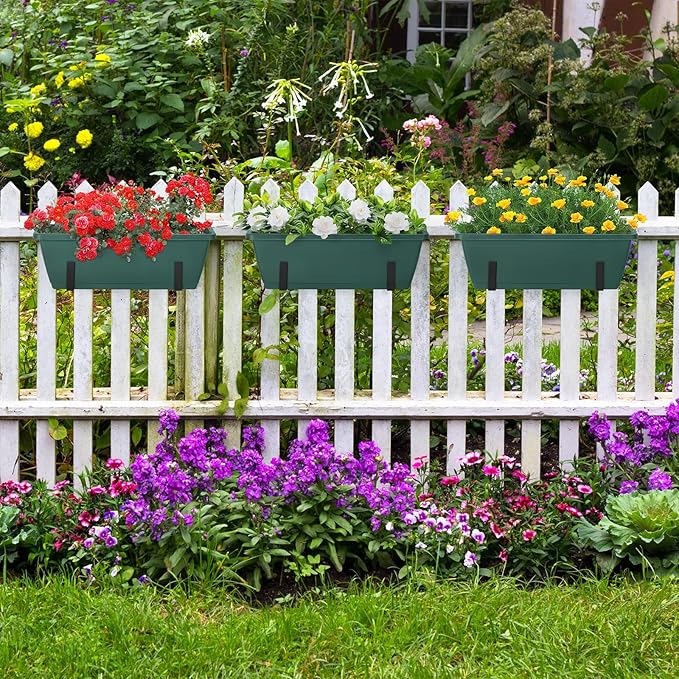 smusei 4 Pack Railing Planter Box Window Boxes Planters, 17'' Rectangular Deck Railing Planter Balcony Hanging Planters with Adjustable Flower Box Brackets for Fence Outdoor Patio Porch