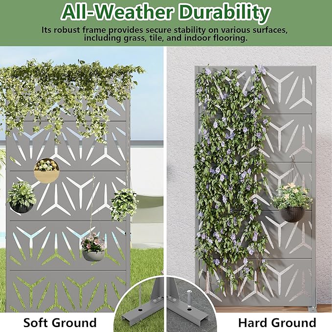 Casaphoria Metal Privacy Screen Outdoor, 60" H x 30" W Freestanding Decorative Privacy Screen for Patio Deck Balcony Garden with Stable Base, Grey-Star
