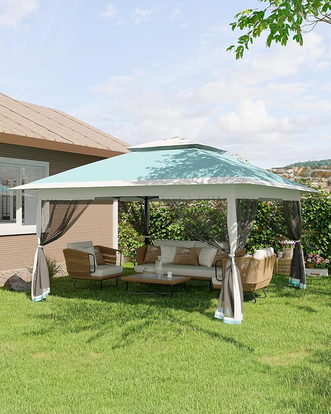 Canopy Tent 12x12 ft, Pop Up Gazebo One-Push Setup with 4 SandBags for Backyard Parties and BBQs, Mosquito Netting & Height Adjustable - Lake Blue
