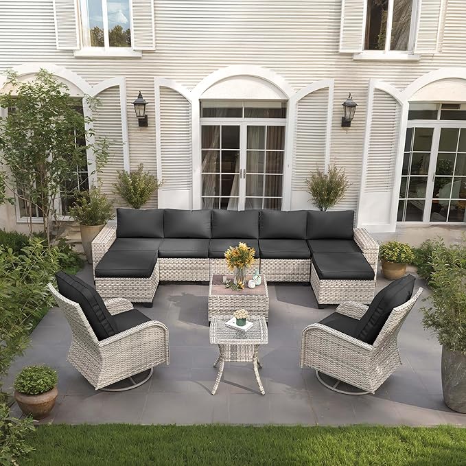 11-Piece Outdoor Patio Furniture Set with Rocking Swivel Chair Wicker Sectional Sofa Set, Patio Conversation Set with Ottomans & Coffee Table for Garden, Backyard, Poolside, Dark Grey