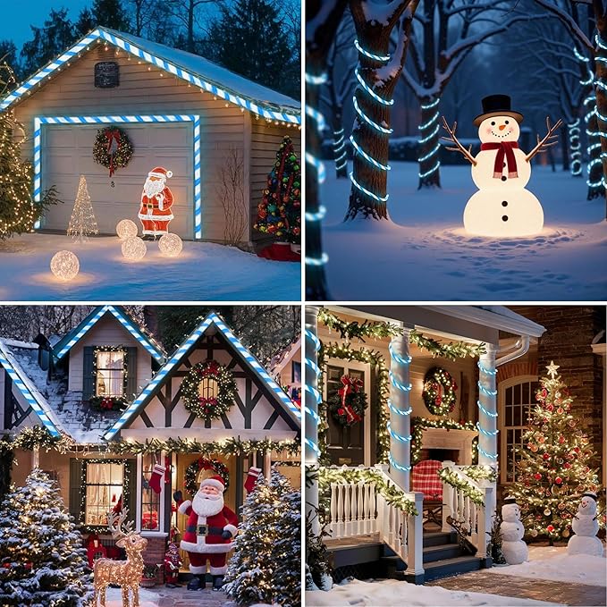 Jnaurb Christmas Candy Cane Lights, 66ft 480 LED Connectable Flexible White & Blue Candy Cane Rope Lights for Outside, 8 Modes Waterproof LED Christmas Light for Garden Patio Tree Holiday Party Decor