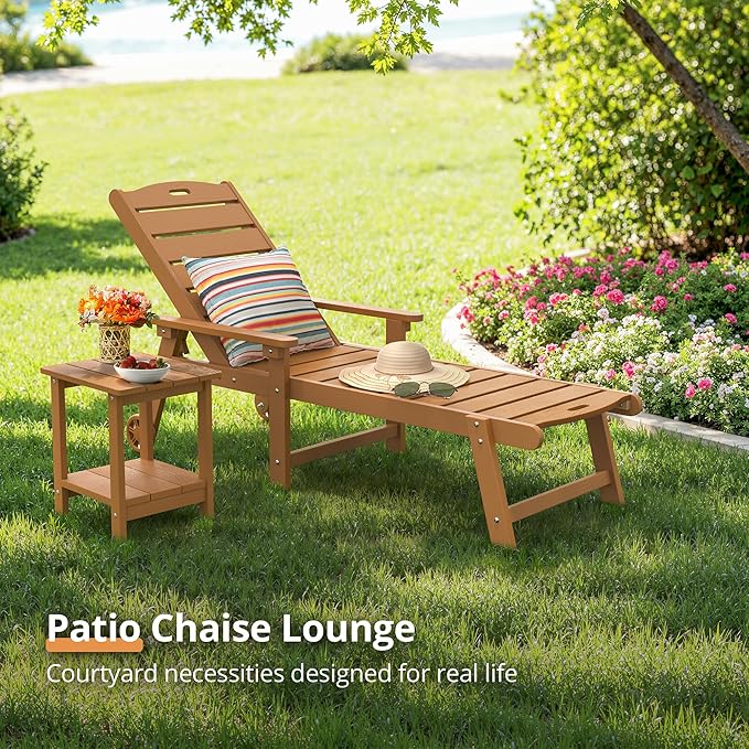 LUE BONA Chaise Lounge Chairs Set with Table, 3-Piece, 79'' Oversized HDPS Chaise Lounger, 5 Positions Adjustable Lounge Chairs, Pool Lounge Chair with Wheels for Poolside, 3 Year Warranty, Teak Color