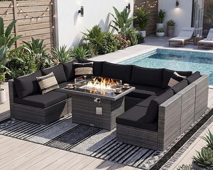 NICESOUL 9 Piece Extra Large Outdoor Patio Furniture Conversation Set with Fire Pit Natural Gas/Propane, 29.3'' High Back Modular Deep Seat Sectional Sofa Set for Outside, 2 Color Cushion Black&Gray