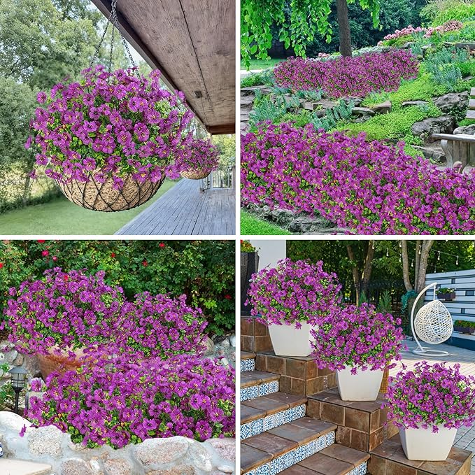 Bassion Artificial Flowers for Outdoors, 24 Bundles UV Resistant Fake Flowers Realistic Silk Faux Plants for Outdoor Planter Window Box Porch Patio Garden Home Outside Decorations