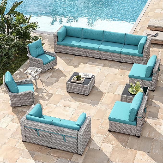 10-Seat Modern Patio Furniture Set with Swivel Rocking Chairs, Thick 4″ Cushions, Dual-Strand Wicker Rattan, Rust-Resistant Steel Frame – Outdoor Conversation & Modular Sectional,Blue